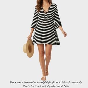 Balance Collection Cover Up Swim L Striped Black White Tie Neck 3/4 Sleeve Dress
